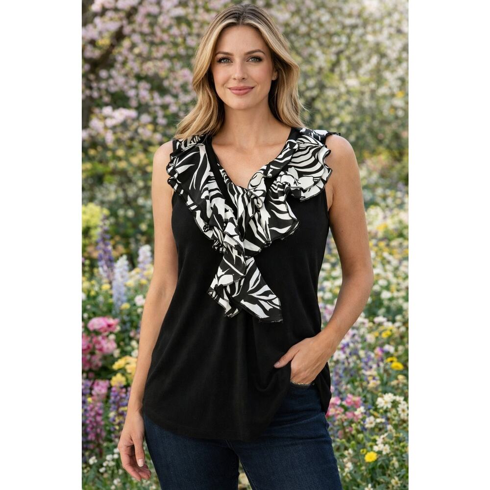 Lauren Ralph Lauren Womens XL Black White Floral Ruffle Blouse